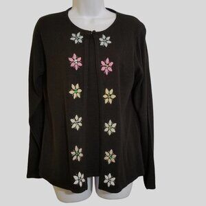 Sag Harbor Womens Sweater S Vintage Knit Black Embroidered Flowers Twofer Sequin